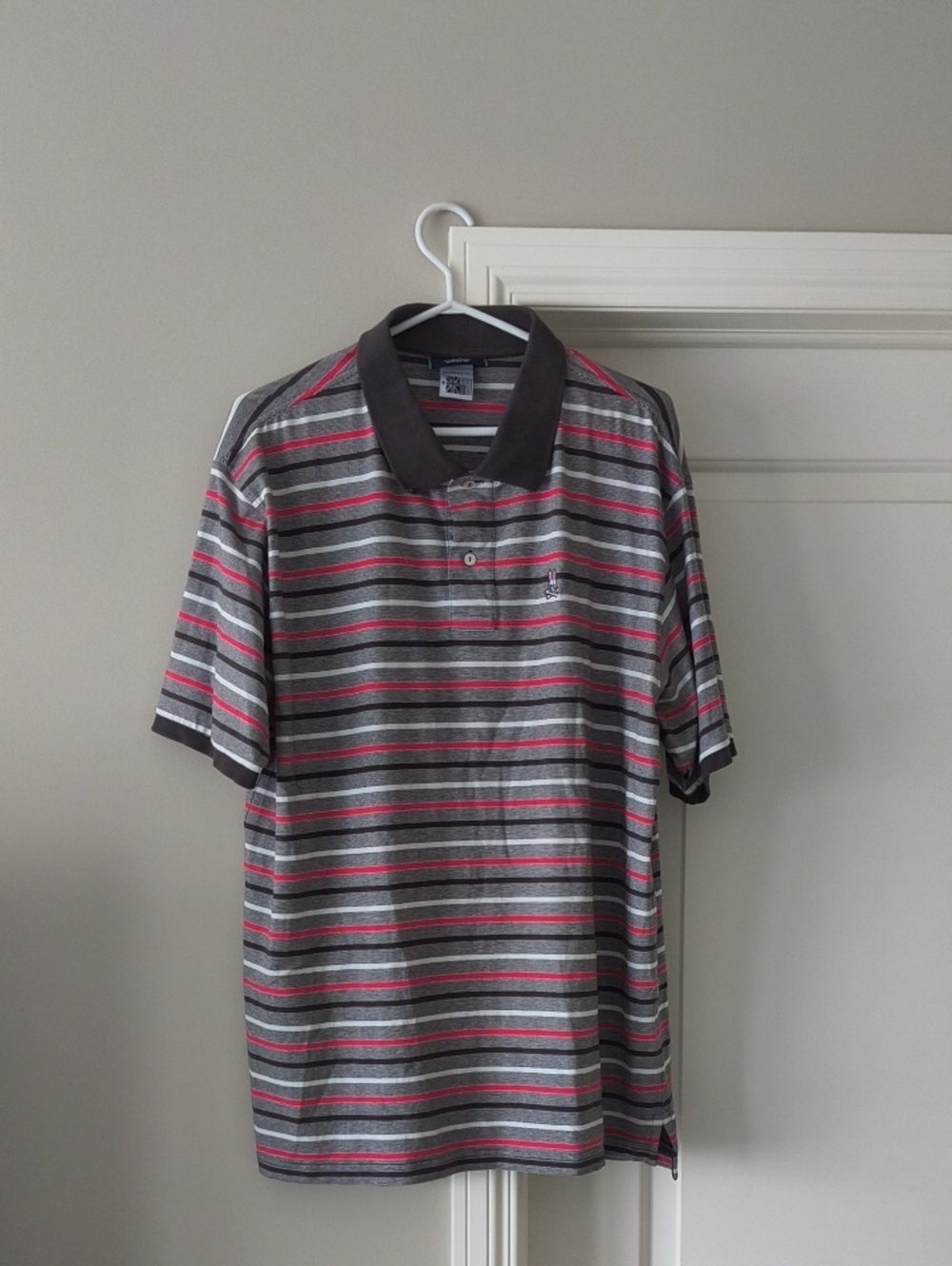 Psycho Bunny Gray and Red Striped Polo